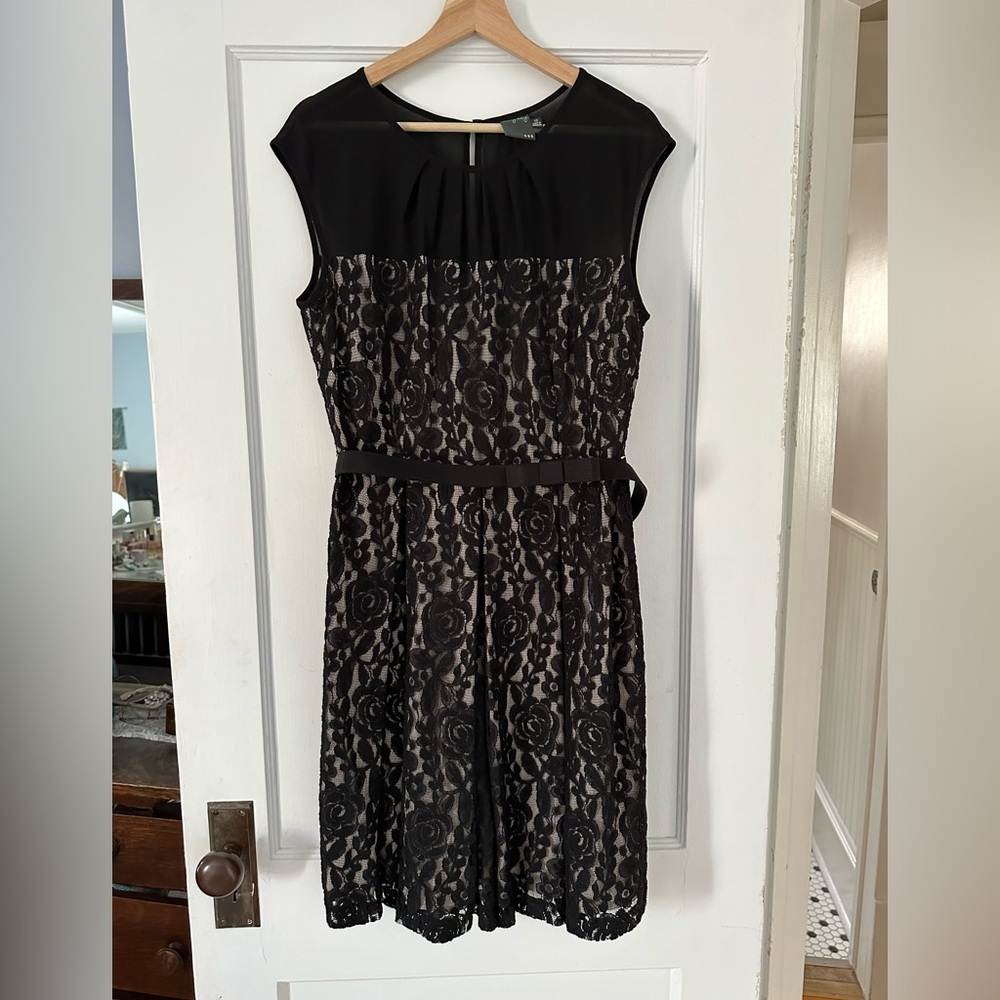 Classic, LBD, little black lace dress, with belt, and lingerie lined look.
